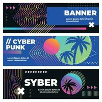 Cyberpunk banners. Palm leaves and sunset in a bright neon lights in circle frame. Vaporwave, retrowave vector