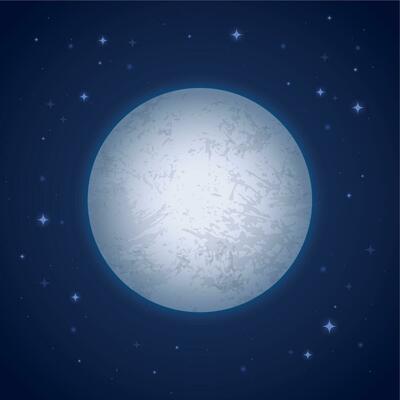 Realistic moon. Earth satellite close up with detailed craters, space moonlight, round white luna and stars on night sky vector illustration