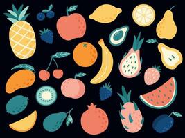 Hand drawn tropical fruits. Organic apple, banana, lemon and pear slices, cherry and mango, watermelon vector