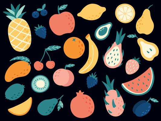 Hand drawn tropical fruits. Organic apple, banana, lemon and pear slices, cherry and mango, watermelon