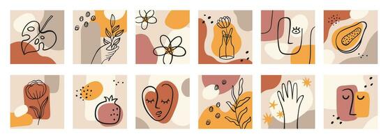 Modern abstract portrait. Simple faces and blob shapes. People contour portraits in minimalist line style. Trendy doodle posters, vector set
