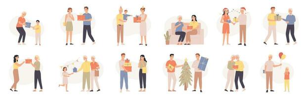 People with gifts. Various characters give and receive gift, romantic surprise, happy persons celebrating holidays, cartoon vector set