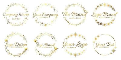 Stardust golden logo set. Shiny circle frames with stars and glowing glitter. Round border for company name vector