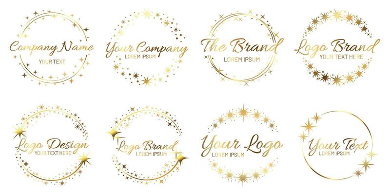 Stardust golden logo set. Shiny circle frames with stars and glowing glitter. Round border for company name