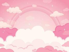 Pink fairytale sky background with stars and rainbow. White and pastel color clouds for imaginary world vector