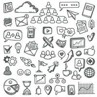 Doodle social media. Sketch social networks, communication friendly like network smartphone, phone, computer vector set web community