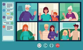 familia vídeo charlar. padres, abuelos y niños web charlando en línea vídeo llamar. mayor personas Internet conversacion vector concepto