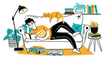 Man reading book on couch. Relaxed adult reads on sofa with cat at home. Hand drawn reader enjoying hobby. Leisure lifestyle vector concept