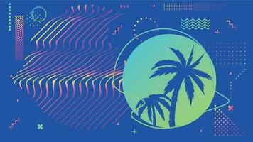 Cyberpunk bright blue background with palm trees in circle frame with wavy lines or stripes. Synthwave style vector