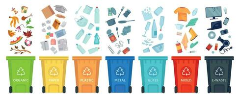 Waste segregation. Sorting garbage by material and type in colored trash cans. Separating and recycling garbage vector infographic