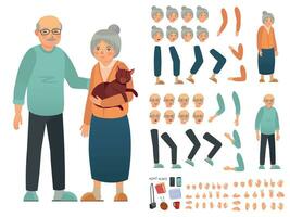 Grandparents characters constructor. Creation kit with different facial emotions, hand gestures and accessory vector