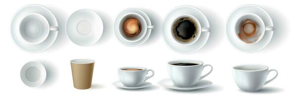 Coffee cups. Realistic 3d empty, dirty, ceramic and paper cup. Americano with foam and espresso top and side view. Coffees mockup vector set