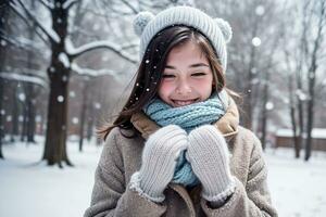 ai generado linda niña vistiendo acogedor nieve temática atuendo, digital Arte ilustración, generativo ai foto