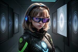 AI generated girl with augmented reality headset, digital art illustration, Generative AI photo