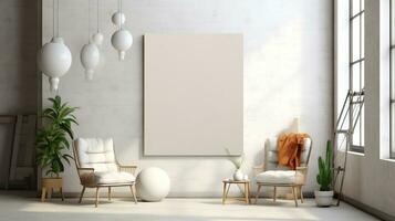 AI generated White canvas for mockup with blurred brick wall room interior photo