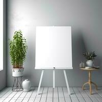 AI generated White canvas for mockup with blurred brick wall room interior photo