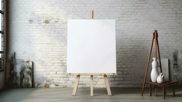 AI generated White canvas for mockup with blurred brick wall room interior photo