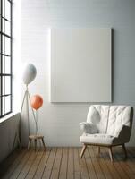 AI generated White canvas for mockup with blurred brick wall room interior photo