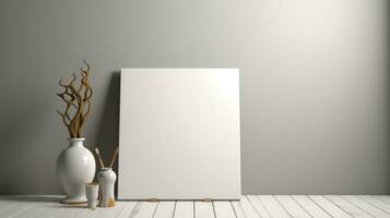 AI generated White canvas for mockup with blurred brick wall room interior photo