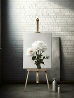 AI generated White canvas for mockup with blurred brick wall room interior photo