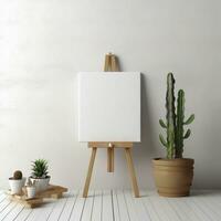 AI generated White canvas for mockup with blurred brick wall room interior photo