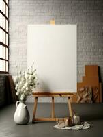 AI generated White canvas for mockup with blurred brick wall room interior photo