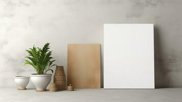 AI generated White canvas for mockup with blurred brick wall room interior photo