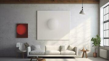 AI generated White canvas for mockup with blurred brick wall room interior photo