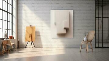 AI generated White canvas for mockup with blurred brick wall room interior photo