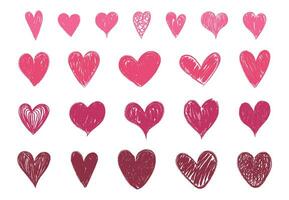 Set isolated abstract different textured hearts on white background. Grunge crayon doodle stroke line. Design vector elements for Valentine's day.