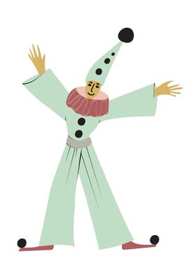 Vintage circus happy clown. Actors performance. Simple flat style, isolated on white background. Circus performer.