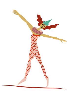 Vintage circus ropewalker. Actors performance. Acrobat or equilibrist, illustration.Simple flat style, isolated on white background. Circus performer.