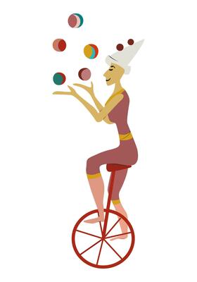 Vintage circus, woman balancing on unicycle. Contortionist juggling balls. Acrobat or equilibrist. Actors performance. Simple flat style, isolated on white background. Circus performer.
