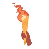 Burning torch with flame in hand. Symbol of competition victory, champion vector