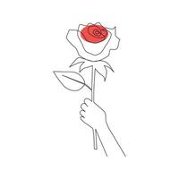 One-line continuous rose flower drawing and single-line style outline vector art illustration