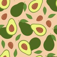 sin costura modelo con aguacate fruta, aguacate rebanada, semillas y hojas. Fresco y sano vegetal. vector plano ilustración aislado en beige antecedentes