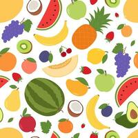 Seamless pattern with different fruits and berries. Natural tropical fruits. Organic, vegetarian food. Healthy eating. Vector flat illustration isolated on white background