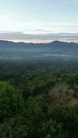 volante al di sopra di il nuvole a mattina Alba nel il gorontalo montagne, Indonesia. d'oro soffice nuvole in movimento dolcemente attraverso il cielo con il sole splendente attraverso, getto bellissimo raggi video