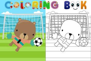 Vector cartoon illustration, cute bear goalkeeper in soccer stadium, coloring book or page