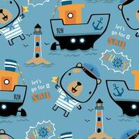 Vector seamless pattern of cute bear in sailor suit with sailing elements