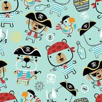 Vector seamless pattern of cute animals in pirate costume with pirate elements