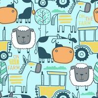 Seamless pattern vector of farm animals cartoon with tractor