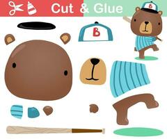 Vector illustration of cute bear cartoon playing baseball. Paper game for kids. Cut and glue