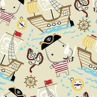 Vector seamless pattern of rhinoceros in pirate costume with sailing elements