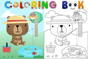 Vector cartoon illustration, cute bear fishing with little bird on tree, coloring book or page