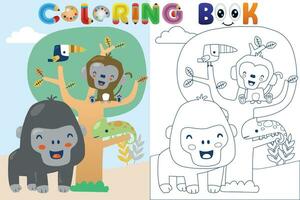 Vector coloring book with funny animals cartoon in forest