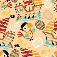 Vector seamless pattern of funny parrot in pirate costume with sailing pirate elements