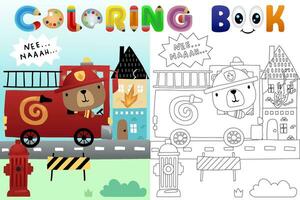 Vector cartoon illustration, cute bear driving firetruck in road city, coloring book or page