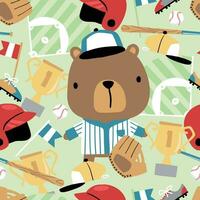 Seamless pattern vector of little bear in baseball uniform with baseball elements illustration