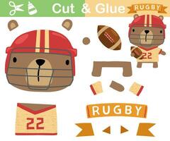 Vector illustration of cartoon bear in rugby player uniform with ball. Paper game for kids. Cut and glue